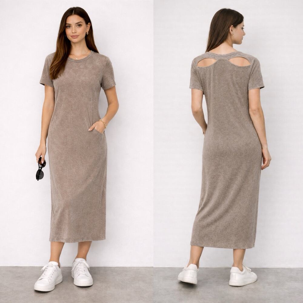 IRO Jeans Tanja T-Shirt Midi Dress Tea Acid Wash Cut Out XS Casual Beige